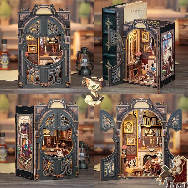 DIY Bokhörna Kit - Miniatyr Trähus med Möbler och LED-Ljus - Katts Studierum