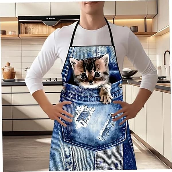 Sleeveless Apron with Adjustable Straps, 3D Cute Cat Print, 60x80cm Kitchen Gardening Grilling – Light Blue