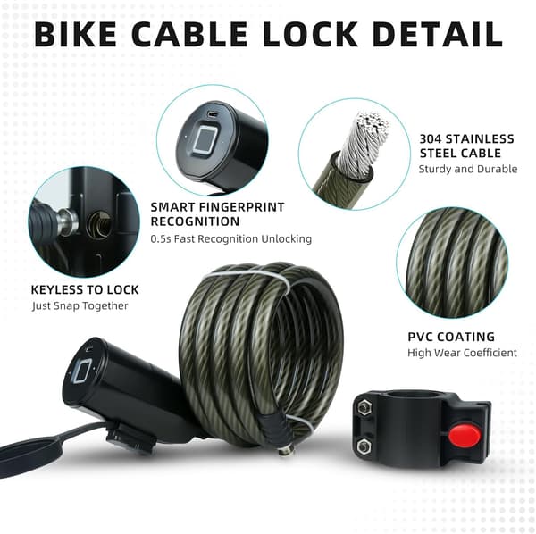 Bicycle Lock Keyless Anti-theft Bicycle Cable Lock 120 cm with Waterproof Cable and Mounting Bracket Fingerprint