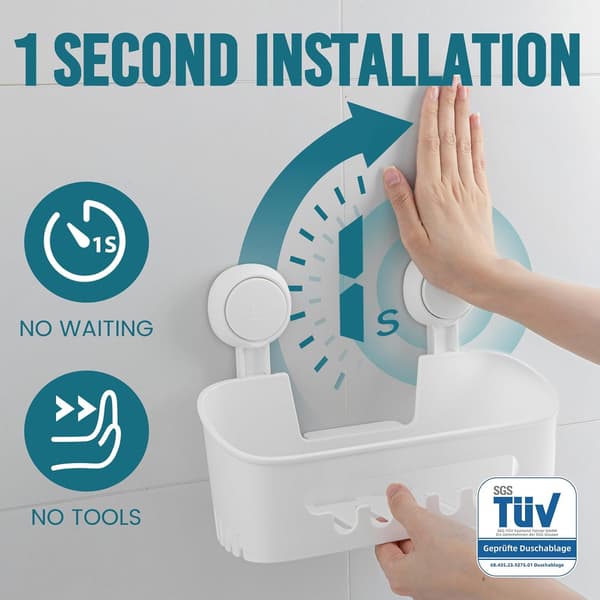 Corner Shower Shelf with Suction Cup, Robust Bathroom Shelf with Vacuum Suction Cup, Removable Storage Basket (No Drilling Required) for Shampoo