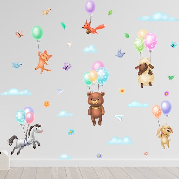 Eläinilmapallo-seinätarrasarja: kettu, karhu, kissa