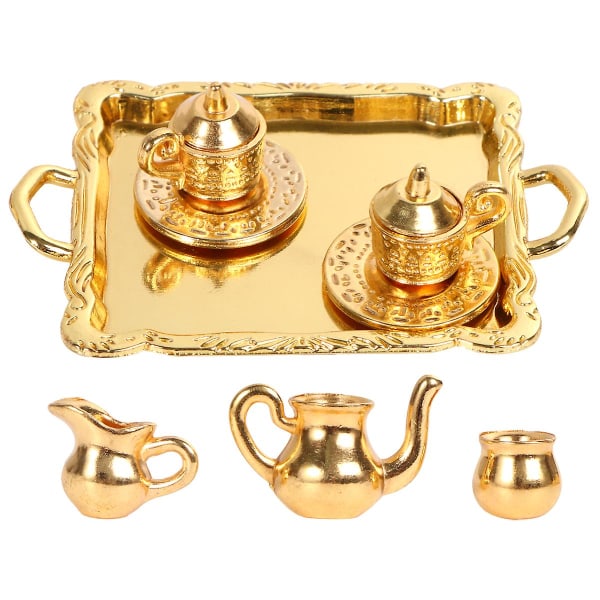 1 Set Alloy Mini Scene Model Miniature Teaware Kit Desktop Ornament Doll House Accessory (golden)Gol