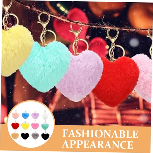 12 Pcs Heart Shaped Fluffy Pompom Keychains, Mixed Colors Plush Bag and Car Accessories