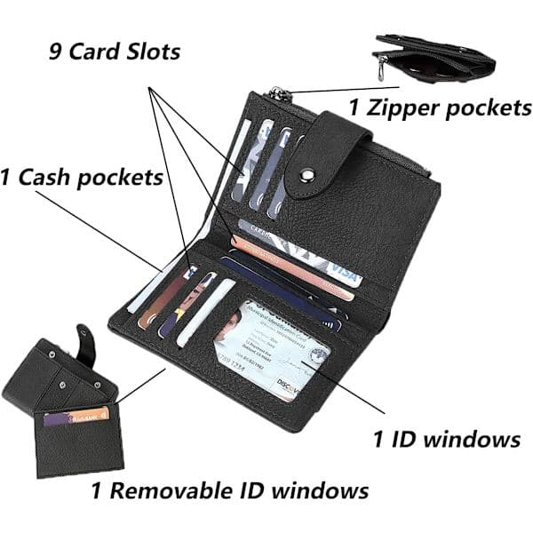 Small Leather Wallet for Women, RFID Protected Mini Wallet with ID Window Card Retro Matte 30% Small Wallet Black