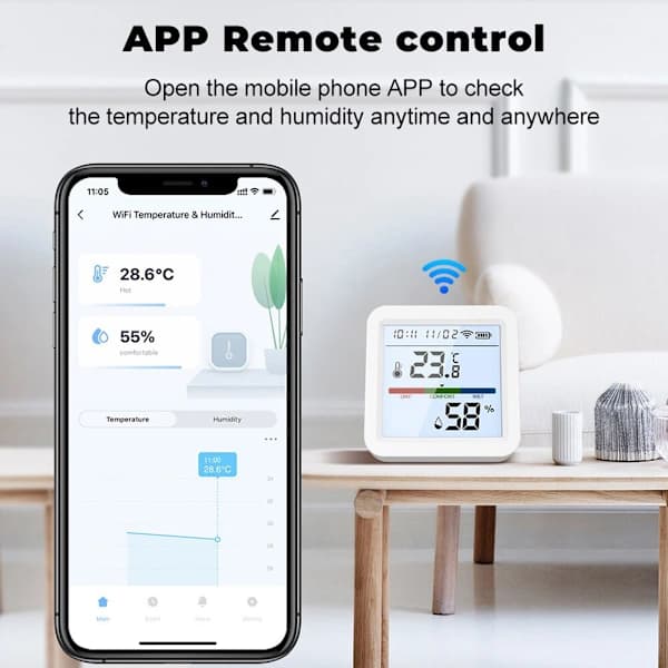 Smart WiFi Temperatur- og luftfugtighedsmåler Holdbar Praktisk temperatursensor til kontor og hjem