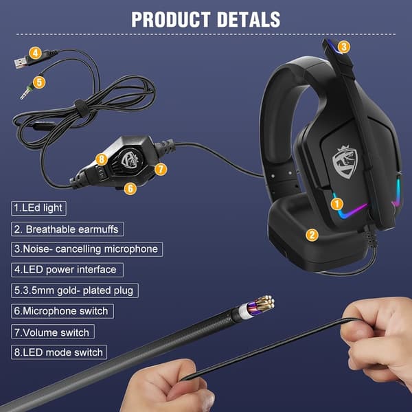 Wired Gaming Headset Black RGB Lighting with 3.5mm Single Plug and Y-Splitter Audio Cable, Compatible with PS4, PS5, Xbox, Nintendo Switch