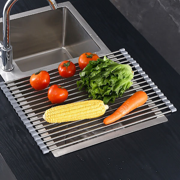 Oppvaskstativ i rustfritt stål, 52x33CM bestikkholder, sammenrullbar flerbruks oppvaskstativ til å plassere over vasken, oppvaskstativ