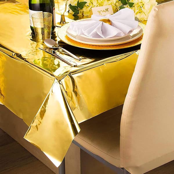 Gold Foil Tablecloth, 2-pack 137 x 274 cm Rectangular Party Tablecloth, Foil Tablecloth for Tables from 1.8 to 2.4 meters, Metallic Tablecloth, Waterproof