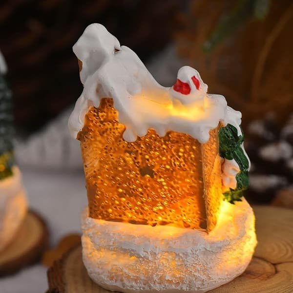 4-delt julevinterhytte, julehytte med lys juleminiatureharpiksdekorationssæt til julebybillede skrivebord