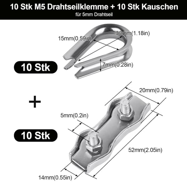 10 Stk. 5mm Stålwireklemme + 10 Stk. Wirekauser, 304 Rustfrit Stål til 3-4mm Stålwire, Tørresnor