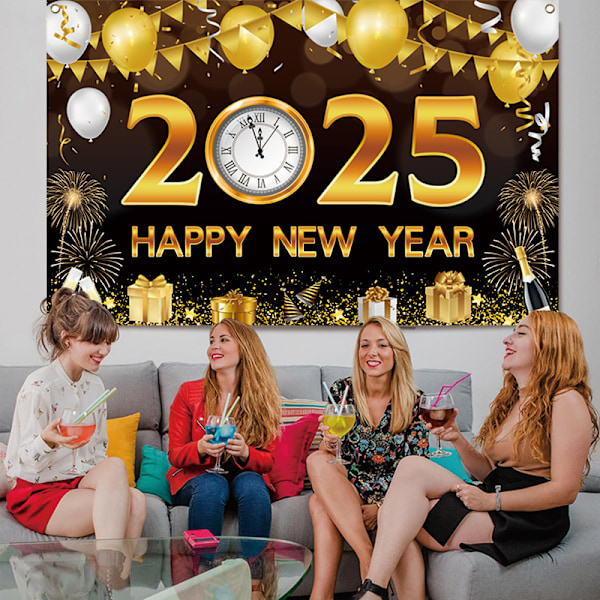 Svart guld Happy New Year-banderoll 2025 - 180 * 115cm | Happy New Year-bakgrund, Happy New Year-dekorationer 2025