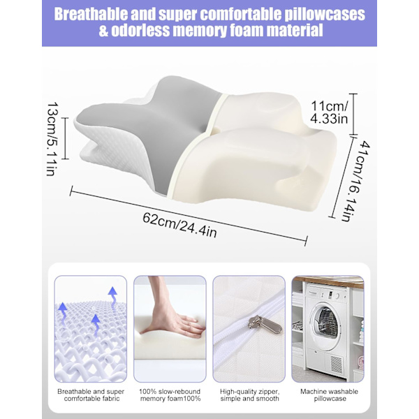 QU*Nackkudde för sömn, ergonomisk nackkudde, ortopedisk nackkudde med memory foam och tvättbart överdrag för nack- och axelsmärta
