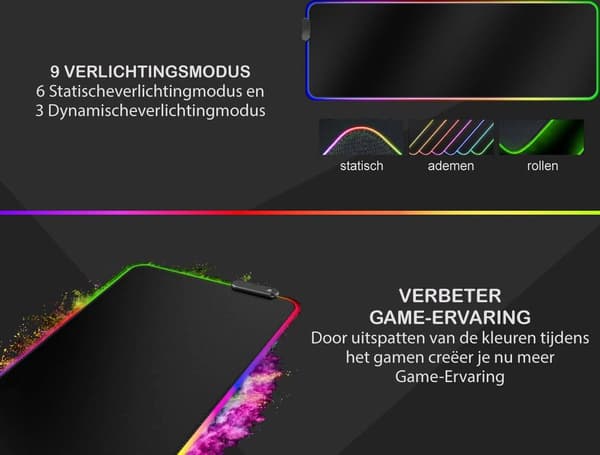 RGB Gaming Musematte - Gaming Musematte XXL - LED-belysning - Sklisikker - 80x30