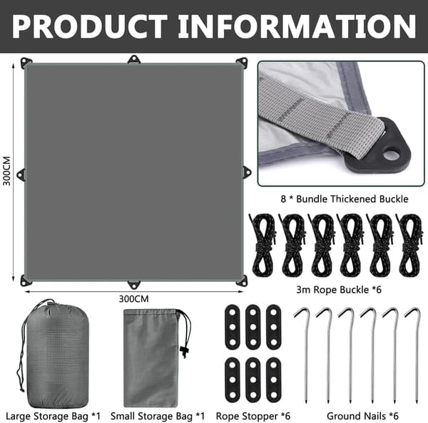 This 3x3 meter waterproof camping tarp is UV protected. It includes 6 tent pegs and 6 ropes. grey grey