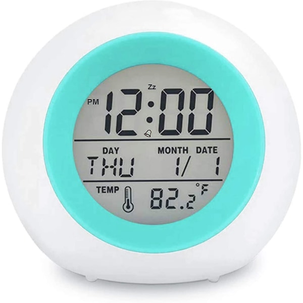 Digital väckarklocka för barn 7 färger Nattljus Temperaturdetektering Student Batteridriven (blå)