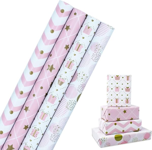 Bursdagsgavepapirrull: Resirkulerbart rosa gavepapir, 4 ruller, 43 cm x 3 m