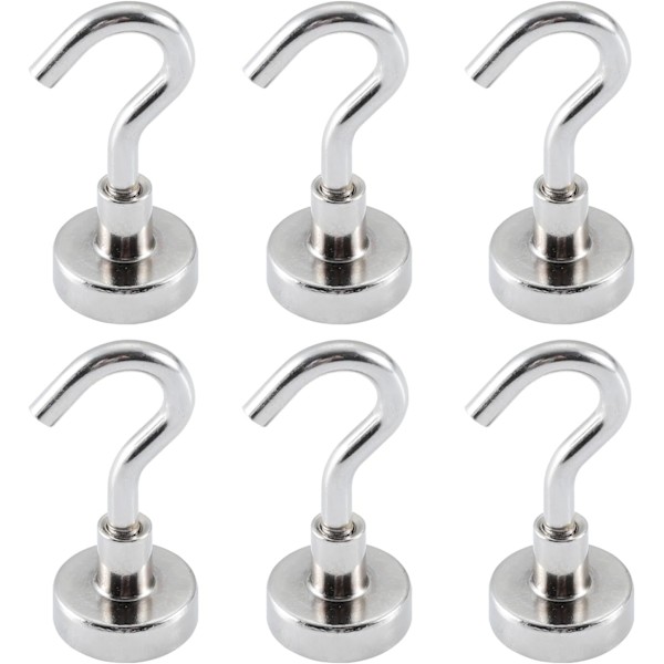 HARDWARE Magnetiska Krokar Tung Duty, 20LB Stark Neodym Magnet Krokar, Magnetisk Krok, Metallmagneter (6-pack, Silver)