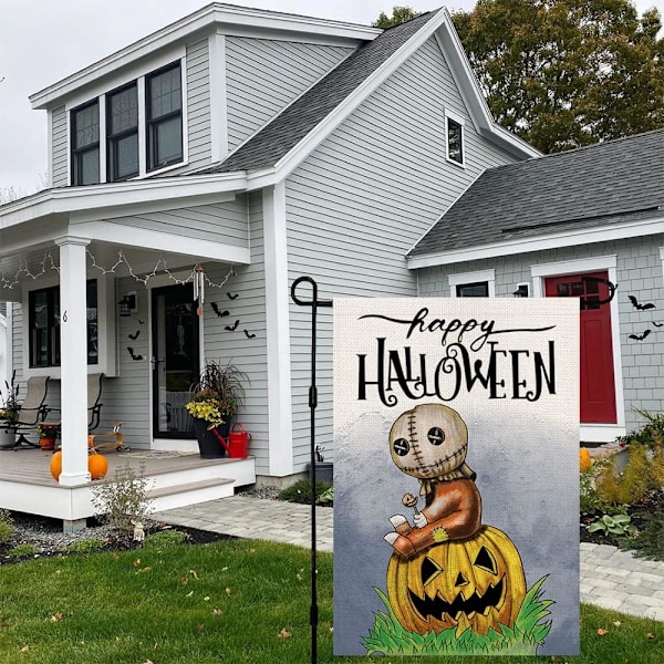 Halloween Trick Or Treat Hageflagg Burlap Dobbeltsidig 12×18 Tommer Skummel Dukke Gresskar Hage Veranda Utendørs Dekor