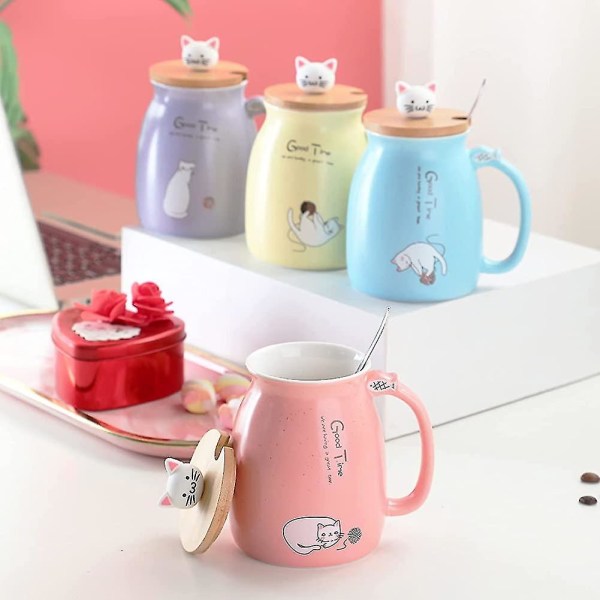 Cat Mug Cute Ceramic Coffee Cup With Lid, Stainless Steel Spoon, Novelty Morning