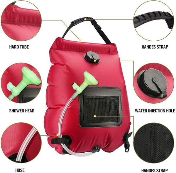 20L Solardusjpose, Campingdusjpose Solvarmet Vannpose Bærbar Campingdusjpose Klatring Utendørsdusj med Slange og Dusjhode rød red