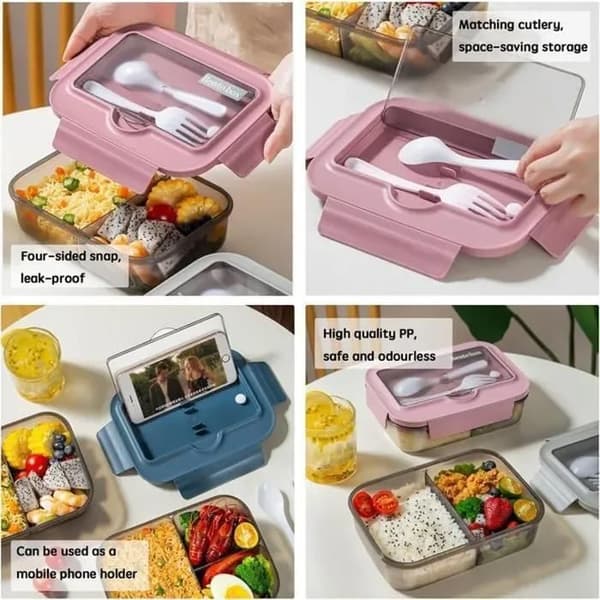 Microwave-safe lunch box, 1400 ml lunch box with 3 compartments and cutlery, lunch box for picnic, work, school (pink)