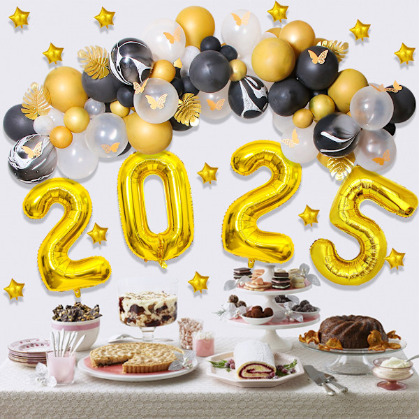 2 set 2025 Nyårsballonggirlanderbågar Kit, Nyårsafton Dekorationer 2025 Gott Nytt År Ballong Svart Guld Ballong