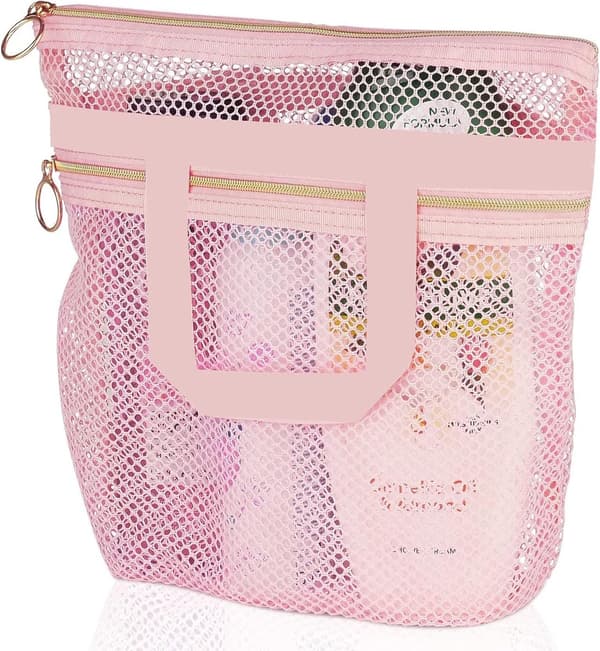 Mesh Quick Dry Dusjveske, Rosa, 25x26cm med Glidelås, for Studenthjem, Leir & Treningsstudio