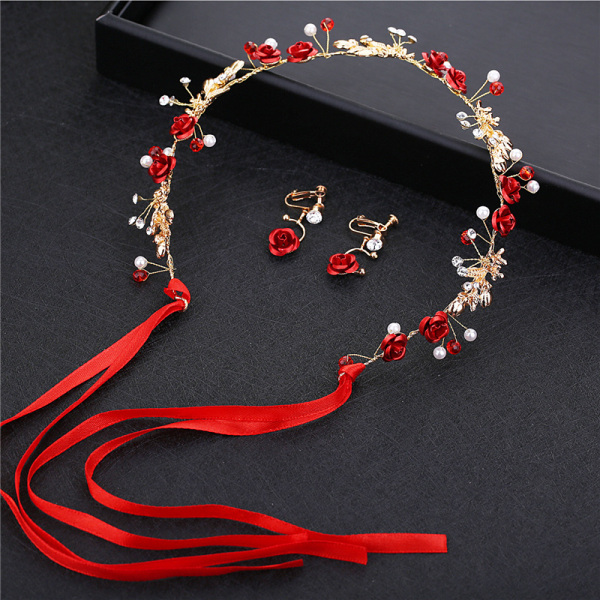 Kronesmykkesæt med blomsterformede øreringe Røde bryllupsdiadem med hvide rhinsten og perler Langt vinhårtilbehør til julefesten