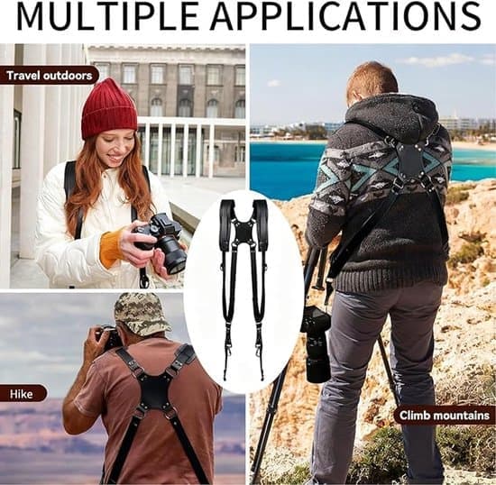 Camera Harness - Quick Release, Non-Slip, Double Shoulder Leather Camera Strap Harness with Metal Hooks for SLR/DSLR Cameras - Black [Ho]