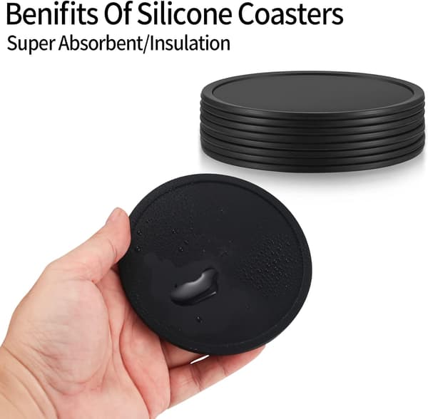 8-pack Coasters, Silicone Coasters, Drink Coasters, Black Round Coasters for Drinks, Bars, Cups, Glass Table Mats