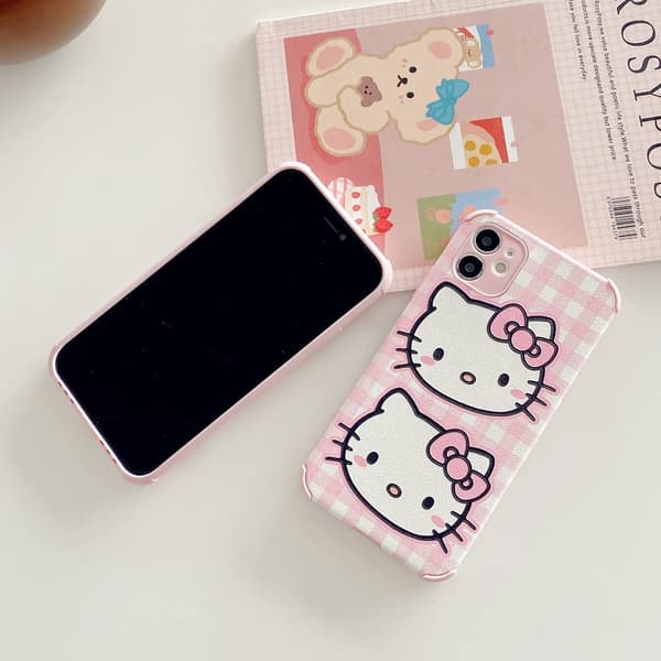 Cute Cartoon Hello Kitty Phone Case for iPhone Shockproof Soft Leather Mobile Phone Protective Cover for iPhone Two KT Two KT iPhone 13 Pro Max