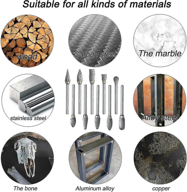 Frässats för Dremel, dubbelskurna karbidfräsar med 1/8 \" skaft, silver, 10 st