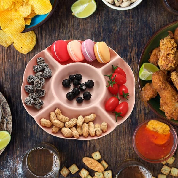 Reusable Snack Plates, Snack Tray, Fruit Platter with 5 Compartments, Tray for Storing Candy, Snacks, Nuts, Fruits, 4 Pieces