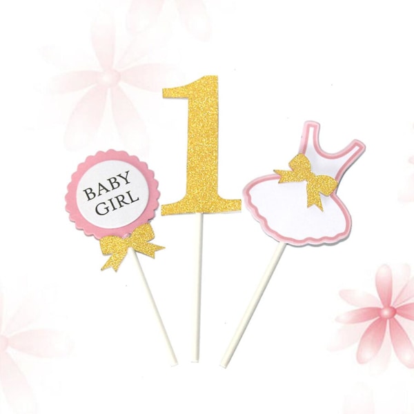 3pcs Cake Topper Flag Baby Boy Girl 1 Year Old Age Cake Topper For Cake Party Decoration (gold, Baby Girl)Golden3pcs