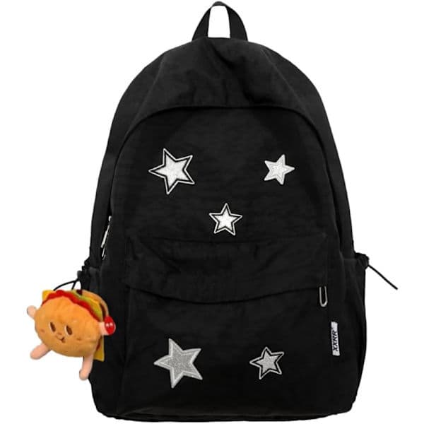 Kawaii Backpack with Cute Accessories - Waterproof Nylon, Multiple Compartments and Outer Pockets (Black)