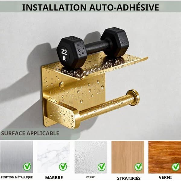 Wall Mounted Toilet Paper Holder - 1 Unit - Gold Stainless Steel - With Storage Shelf -