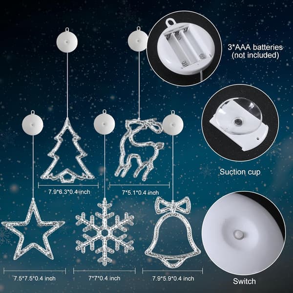 5-pack Christmas Window Lights Decorations with Timer, Battery Operated Hanging Warm White Lighted Snowflake Tree Star Deer Bells Shaped LED String Lights