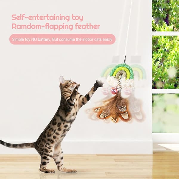 2-pack Feather Cat Toy Set with Retractable Teaser Stick & Adhesive Hook | Interactive Hanging Toy for Indoor Play & Hunting