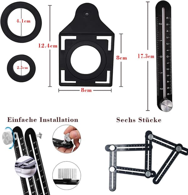 Multifunctional Measuring Ruler with Positioning Hole, 6-Sided Aluminum Alloy Angle Tool, Black