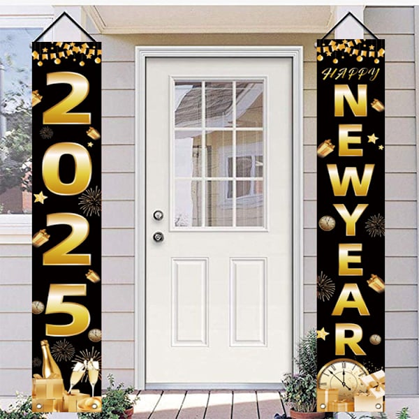 Svart Happy New Year Dörrskylt Banner, vid ingången till ditt nyårsdörr, över ditt hus, uteplats, fönster
