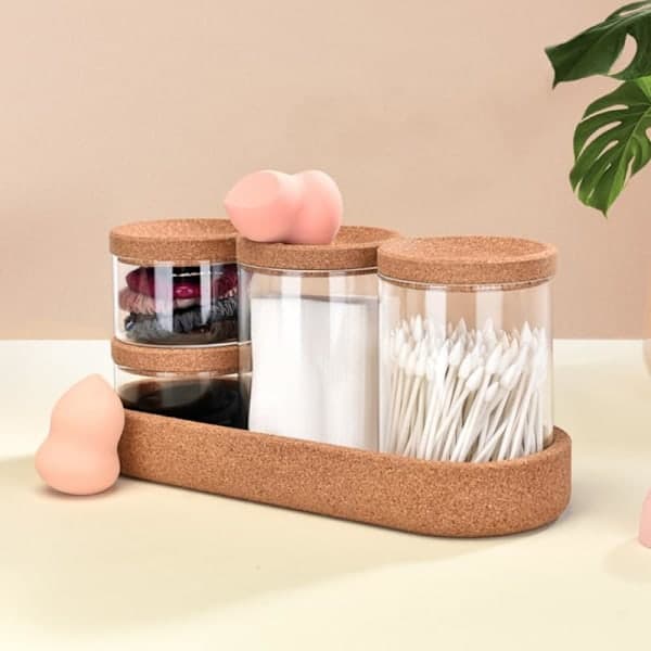 Badrumsförvaring, 4-pack apoteksburkar i glas med lock och bricka, transparent set