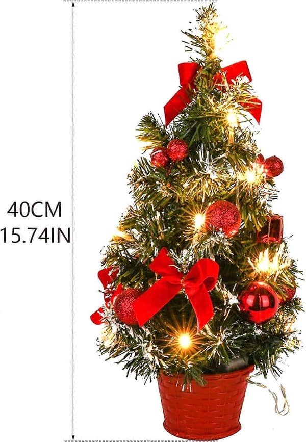 Luminous Artificial Christmas Tree with White Snow, 40 cm Small Tabletop Christmas Tree LED String Lights with Bow and Pine Cone