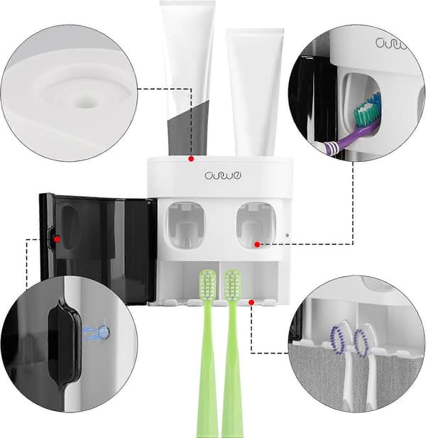 Toothbrush Holder with 2 Toothpaste Squeezers, 4-Slot Toothbrush Hanger, Wall-Mounted Toothpaste Dispenser for Shower Bathroom