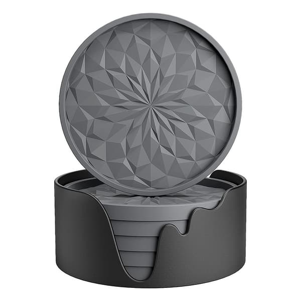 Silicone Coaster Set 6 pcs with Holder, Non-Slip Diamond Mat for Drinks Wine Glasses, Grey