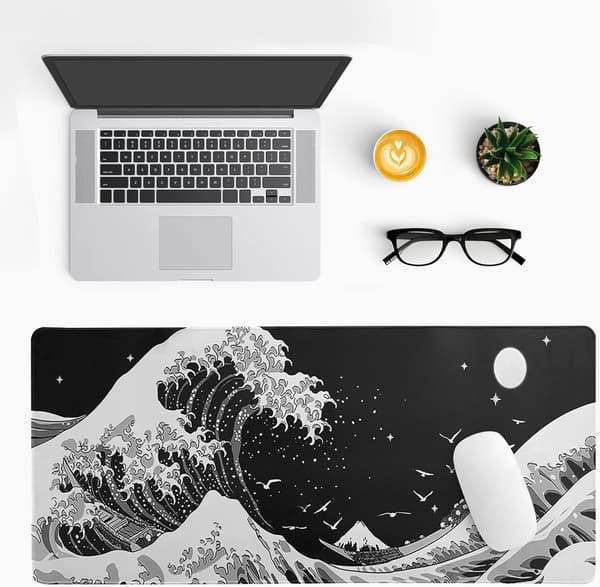 Black Ocean Wave Mouse Pad Abstract Black Gaming Mouse Pad 80x30 cm Ocean Wave Texture Non-Slip Rubber Base Wave Large Mouse Pad Stitched Edges