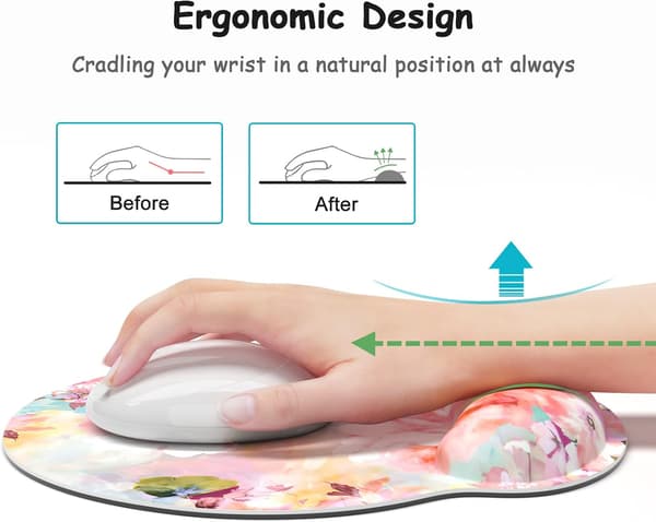 Ergonomisk musemåtte med håndledsstøtte, blomstret musemåtte med håndledsstøtte i memory foam, bærbar dekoration, lyserøde blomster