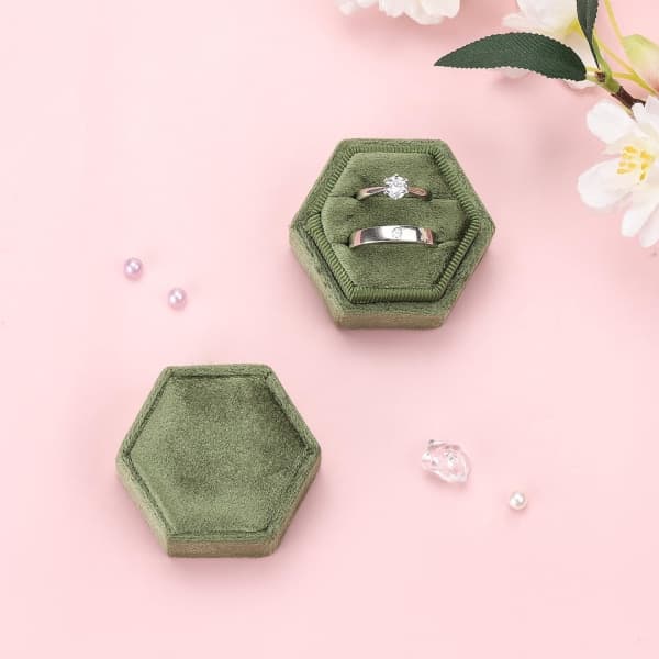 Velvet Ring Box, Double Ring Box with Removable Lid for Wedding Ceremony (Olive Green)