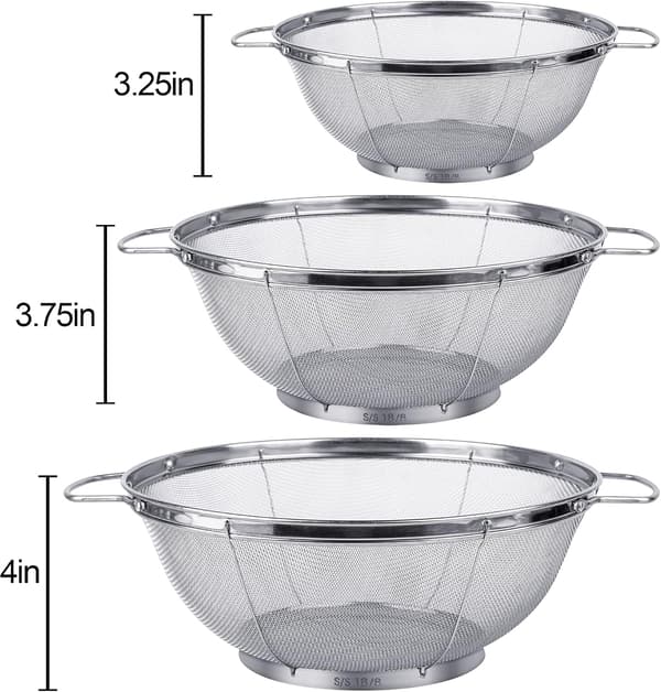 3-pakke 18/8 dørslagssiler i rustfritt stål (5-Quart, 4-Quart og 3-Quart), nettingkurver med masker