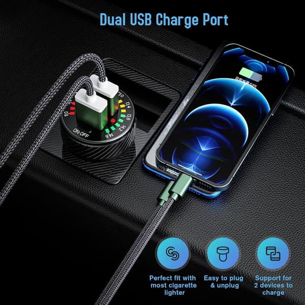 wxsp Billader til cigarettænder, dobbeltport, QC3.0, USB, hurtigoplader, 36W/3A, med voltmeter og