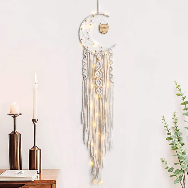 Bohemian Macrame Wall Hanging with LED Light, Cotton Crocheted Dream